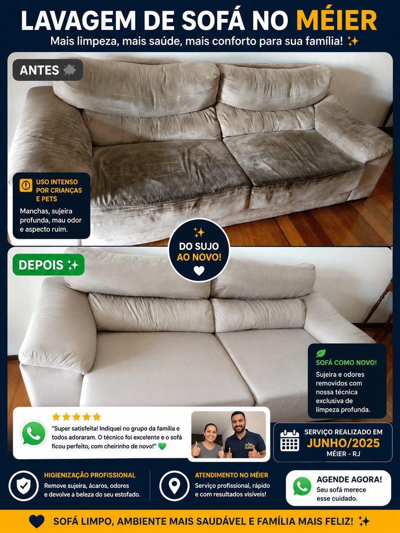 Sofá restaurado após limpeza profissional no Méier
